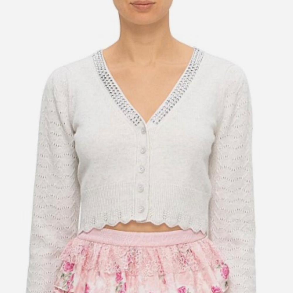 LOVE SHACK FANCY BRYNNER CROP CARDIGAN XS in PEBBLE